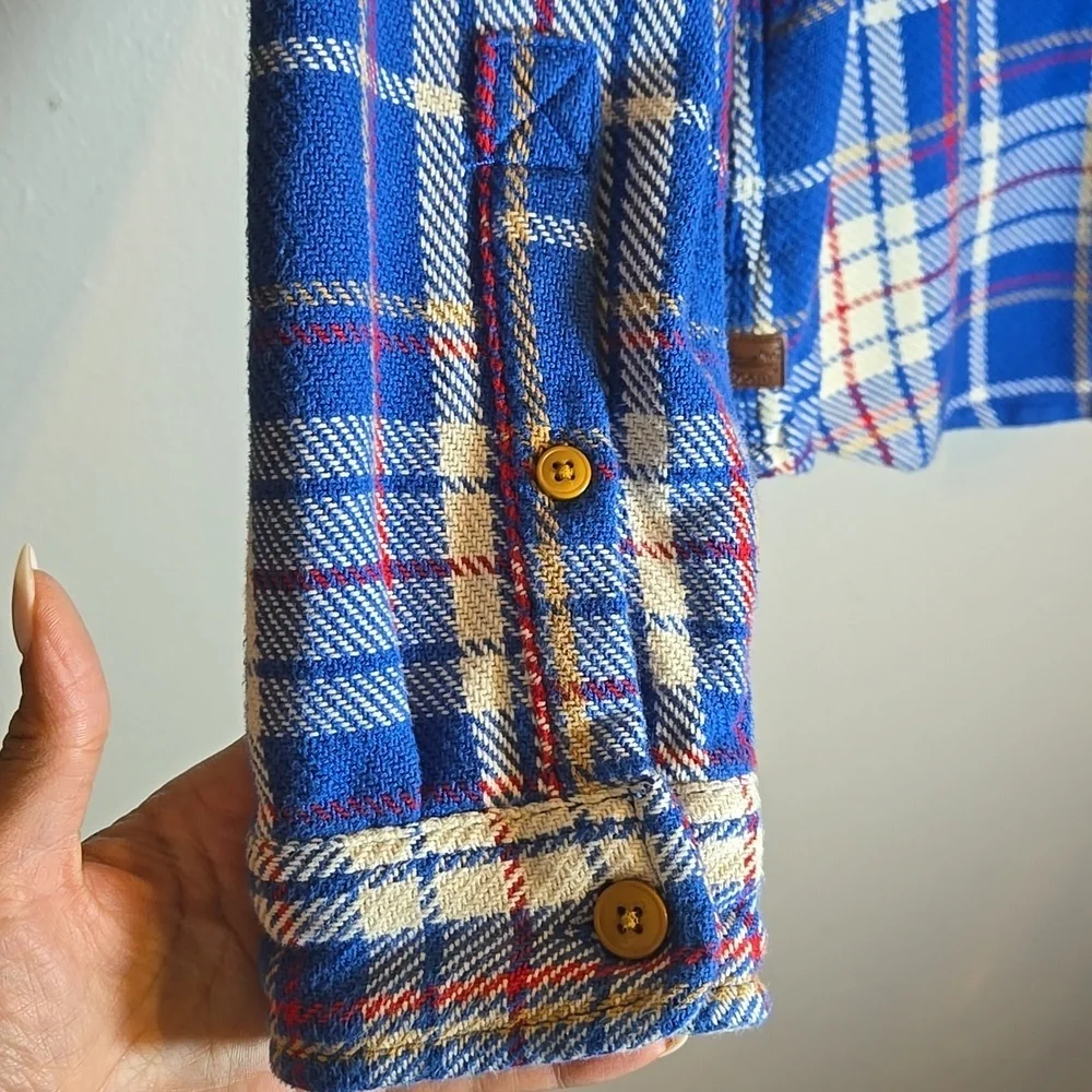 L.L. Bean Blue Plaid Button Front Knit Cotton Pocket Shirt Shacket NWOT